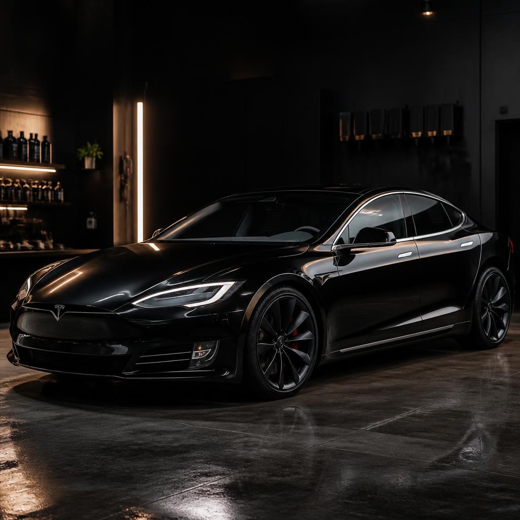 Tesla Model S after paint correction and hydrophobic ceramic coating, with coated glass and wheels